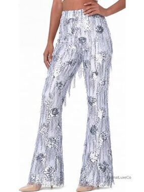 Sequin Flare Pants High Waisted Fringe Bell Bottom Disco Party Clubwear Trousers